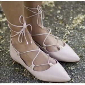 Halogen Owen lace up pointed toe flats in leather upper color Blush Sz-9M. F